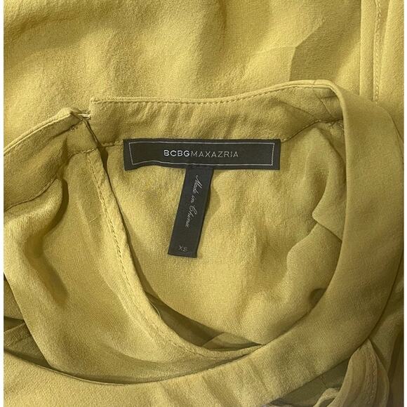 BCBGMAXAZRIA Sheer Blouse Top Enya Cascade Ruffle Olive Green Roll Up Sleeve XS - Picture 5 of 6
